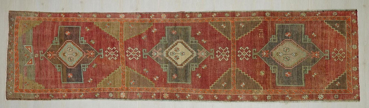Handmade Kars Wool Rug Runner: 3x12 ft Antique Turkish Carpet