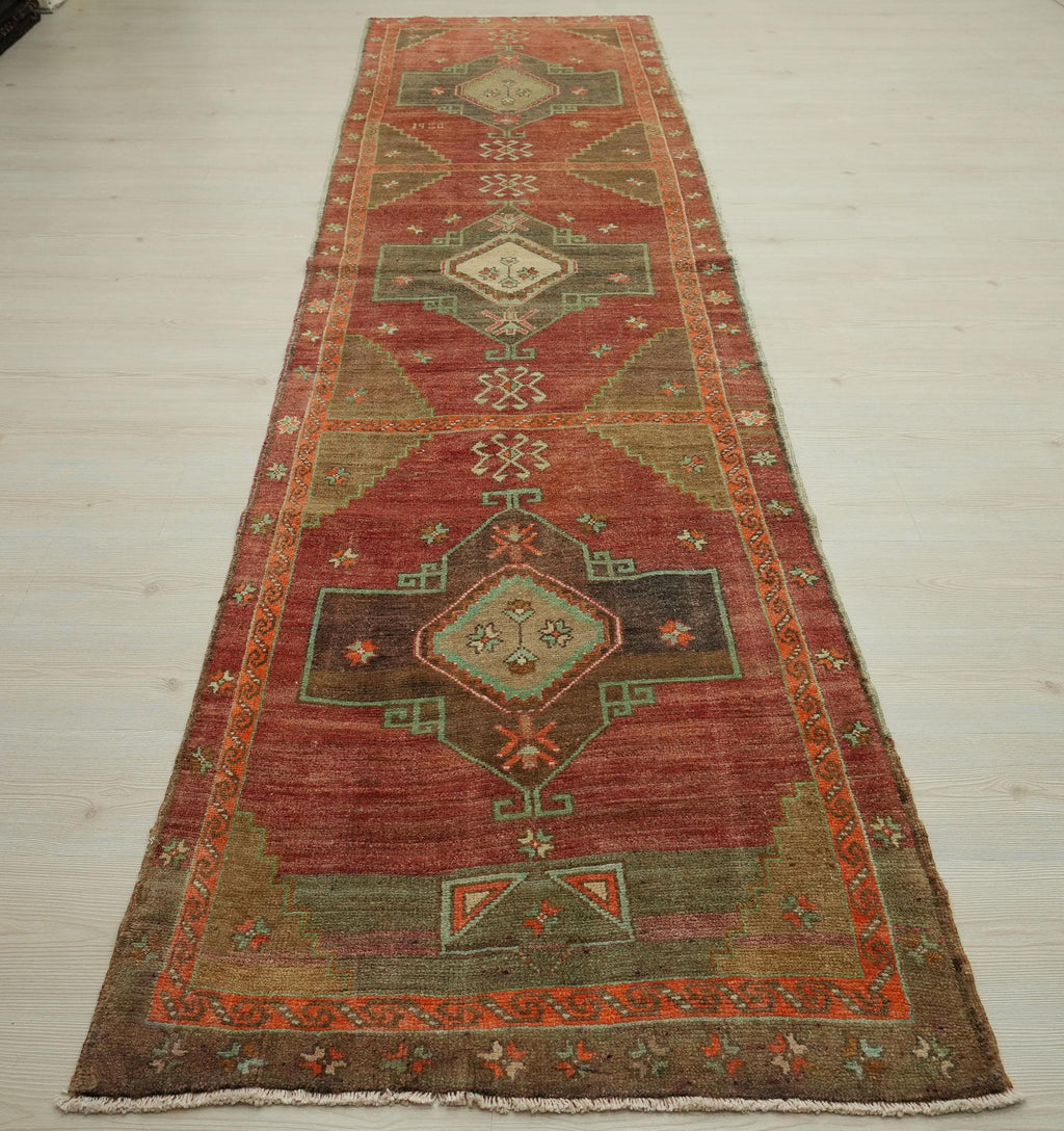 Handmade Kars Wool Rug Runner: 3x12 ft Antique Turkish Carpet