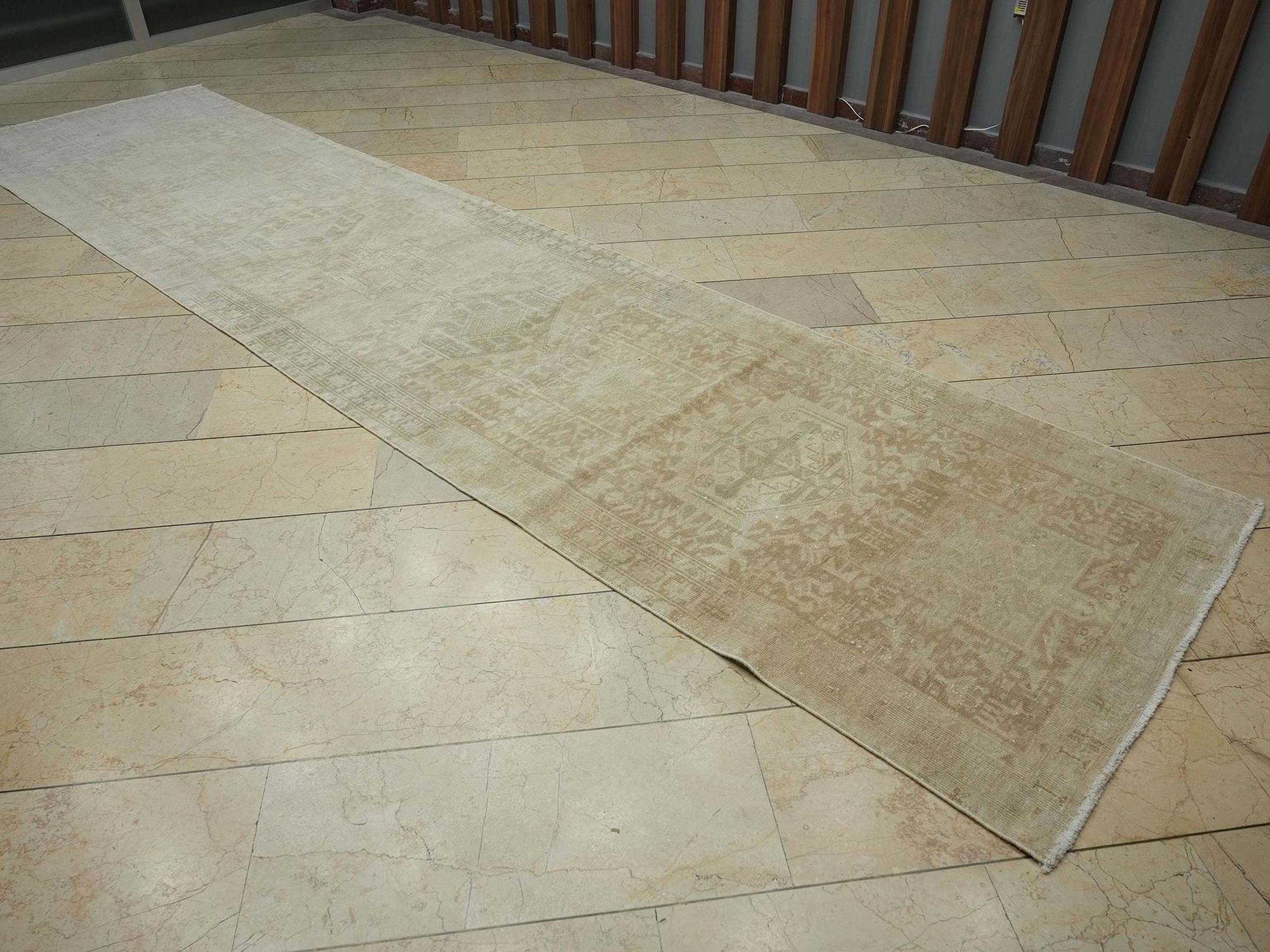 3.5x15 Stair Runner Rug,Beige & Brown Vintage Turkish Wool Rugs