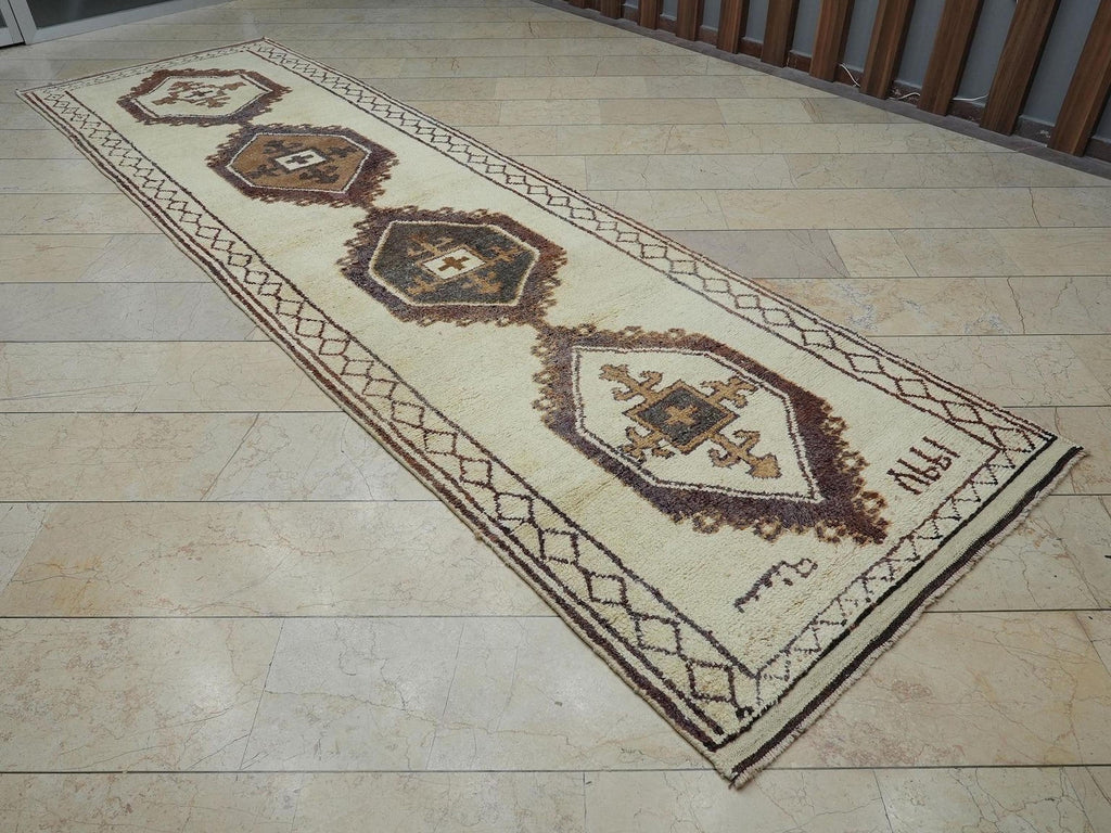 Handmade Wool Rug Runner: Mid-Century Modern Turkish Carpet Runners, 4x14 Feet.