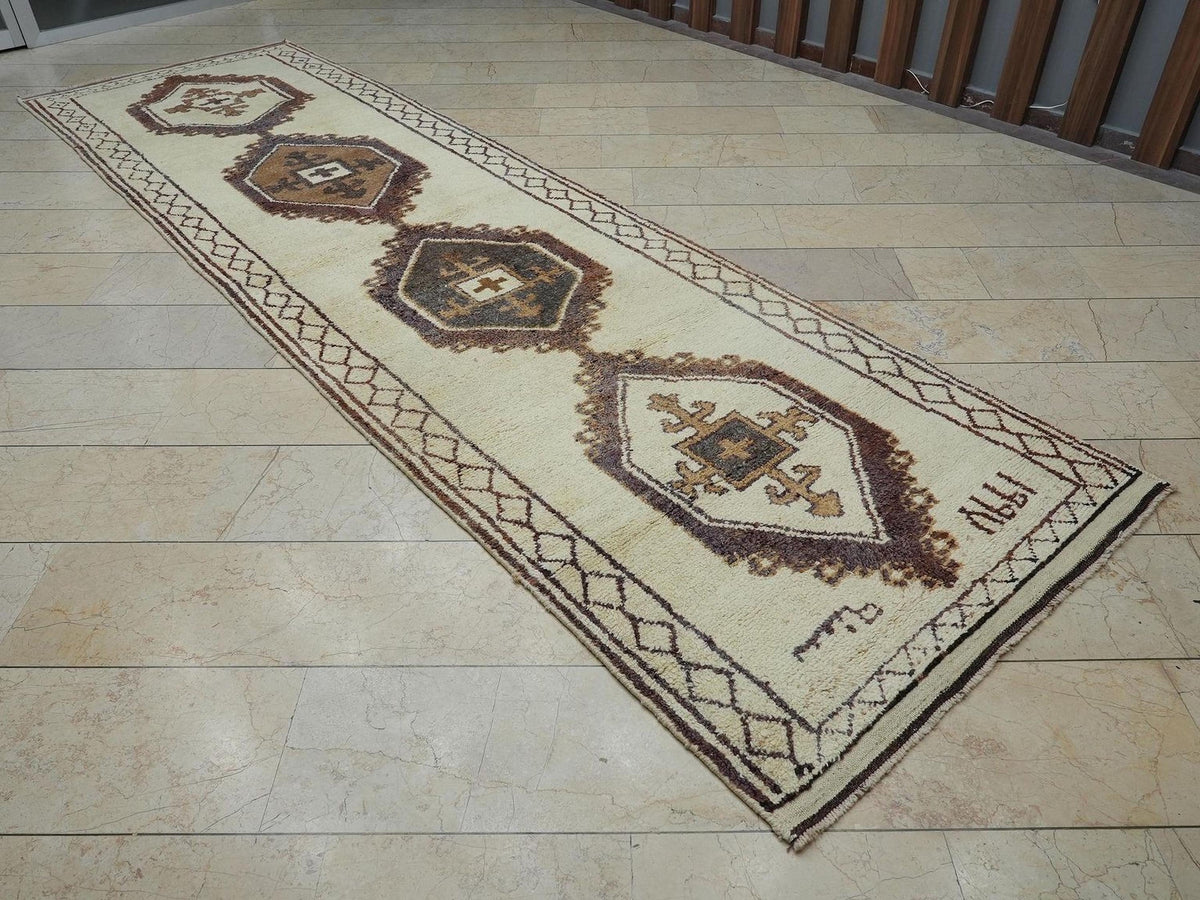 Handmade Wool Rug Runner: Mid-Century Modern Turkish Carpet Runners, 4x14 Feet.