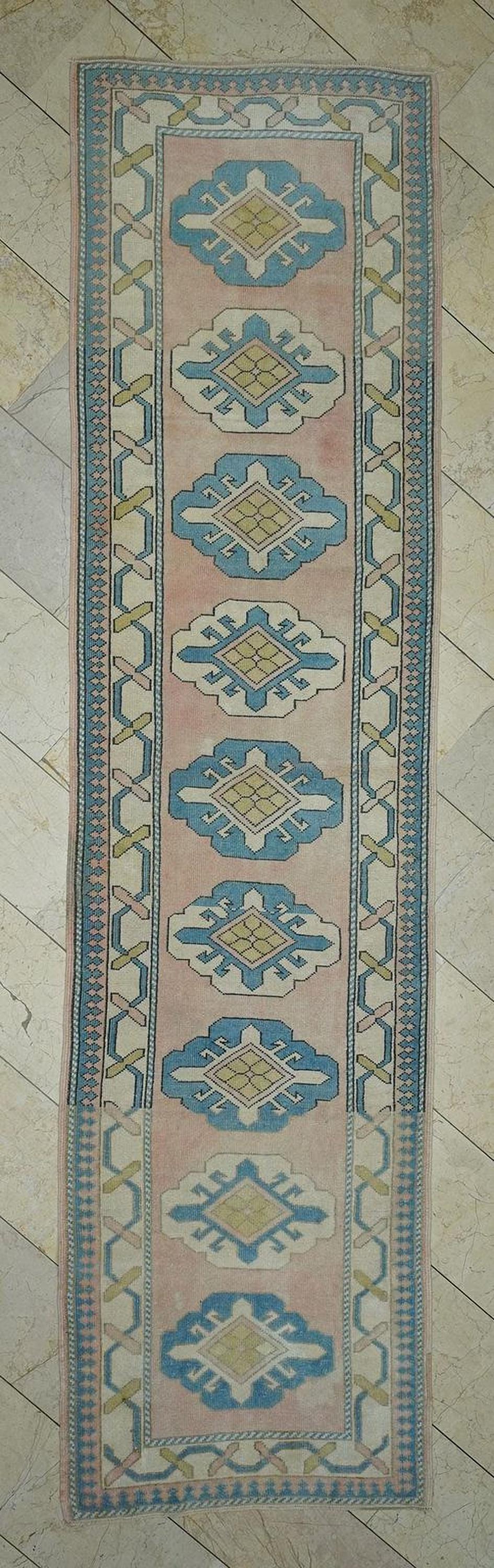Handmade Wool Oushak Rug Runner: 3x12 Mid-Century Turkish Carpet