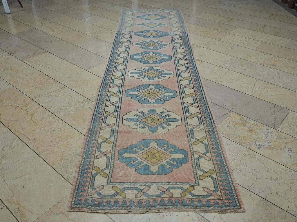 Handmade Wool Oushak Rug Runner: 3x12 Mid-Century Turkish Carpet