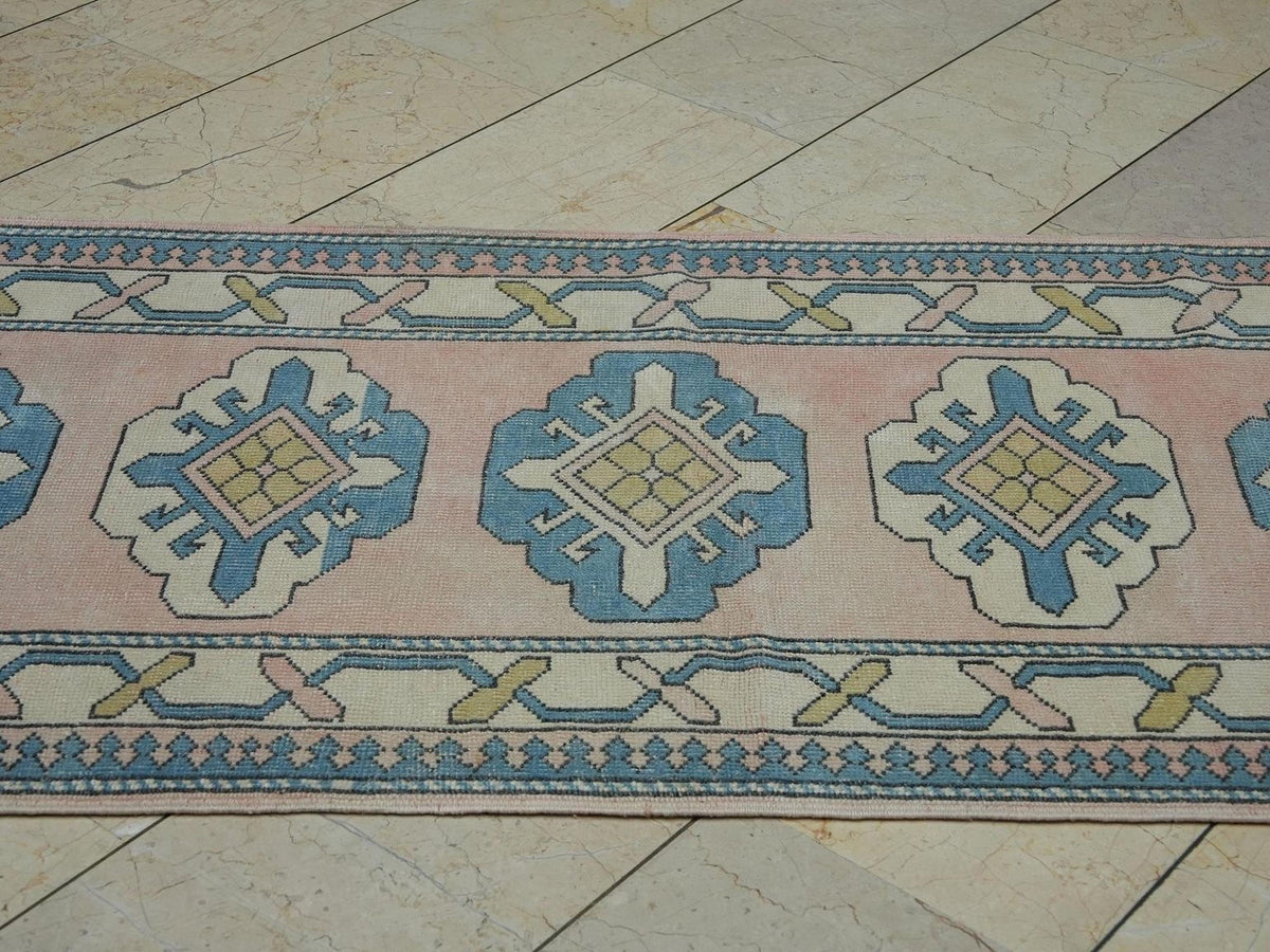 Handmade Wool Oushak Rug Runner: 3x12 Mid-Century Turkish Carpet
