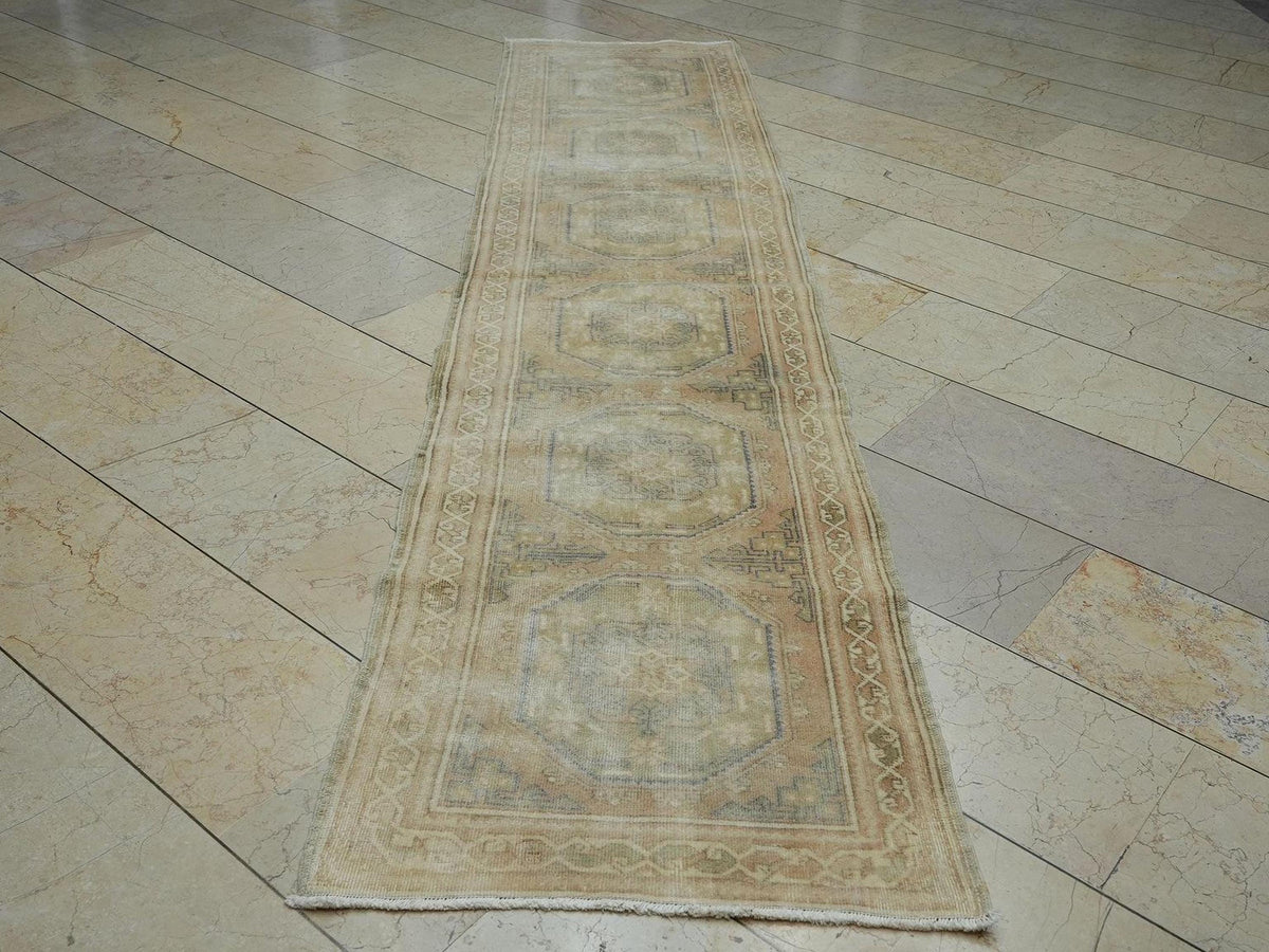 Faded Oushak Rug Runner: 2.5x10.5 ft, Vintage Turkish Wool Rugs