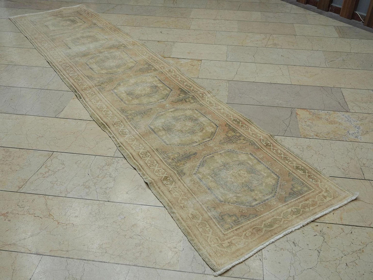 Faded Oushak Rug Runner: 2.5x10.5 ft, Vintage Turkish Wool Rugs