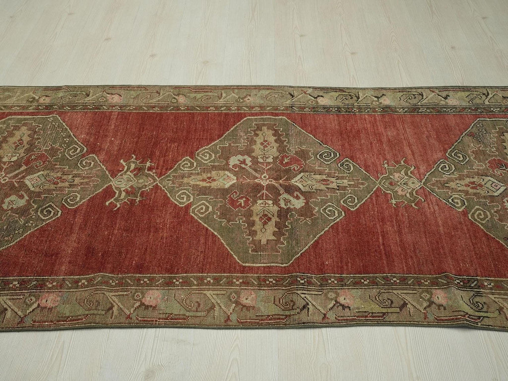 1940s Antique Turkish Rug Runner: Mid-Century Modern Wool Carpet, 3,3"x10,1" Feet.