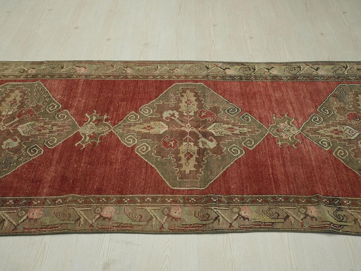1940s Antique Turkish Rug Runner: Mid-Century Modern Wool Carpet, 3,3"x10,1" Feet.
