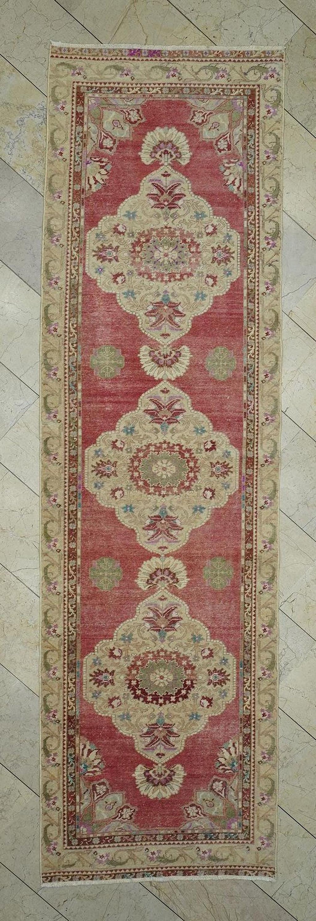 Antique Oushak Rug Runner: 3x11 Turkish Wool Carpet