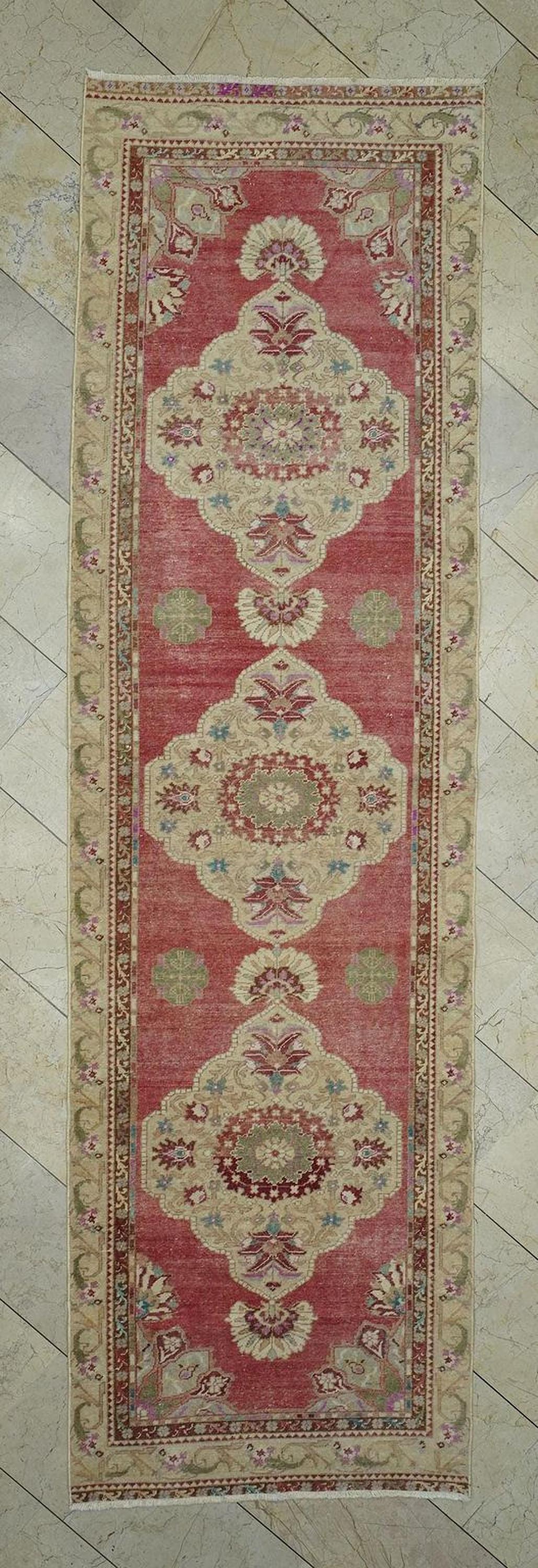Antique Oushak Rug Runner: 3x11 Turkish Wool Carpet