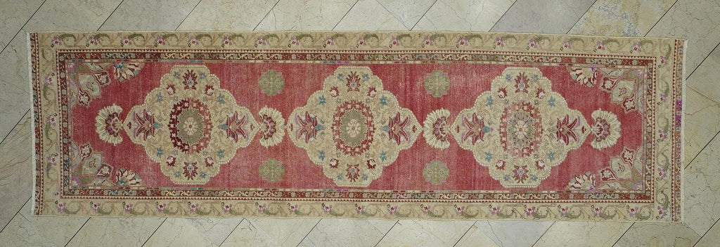 Antique Oushak Rug Runner: 3x11 Turkish Wool Carpet
