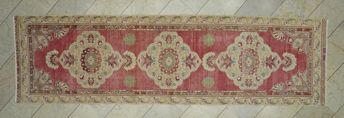 Antique Oushak Rug Runner: 3x11 Turkish Wool Carpet