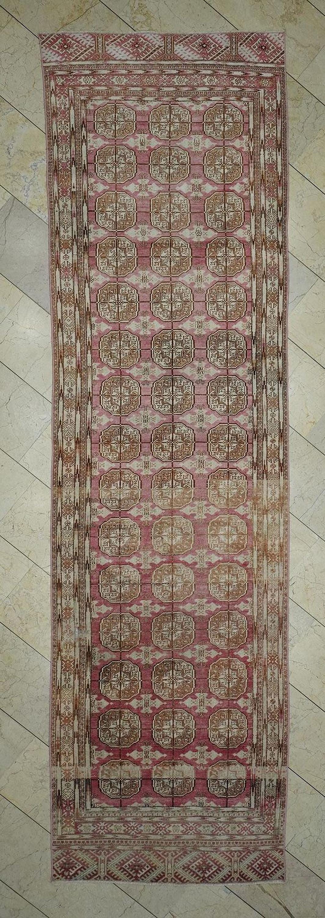 Antique Geometric Oushak Rug Runner: Pale Pink & Brown Wool Carpet 4x13