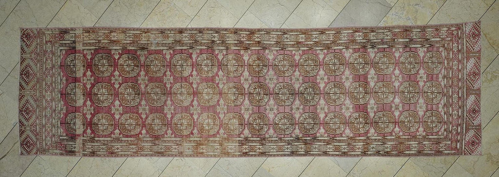 Antique Geometric Oushak Rug Runner: Pale Pink & Brown Wool Carpet 4x13