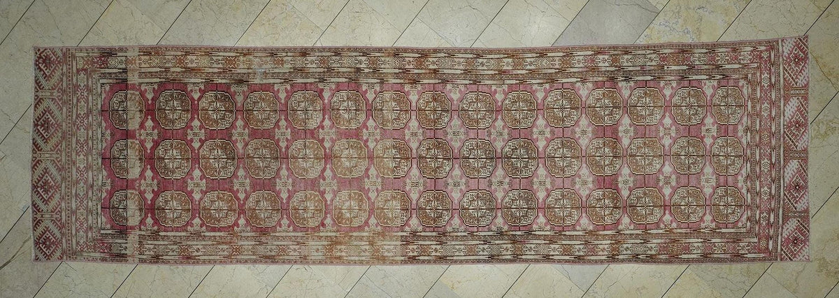 Antique Geometric Oushak Rug Runner: Pale Pink & Brown Wool Carpet 4x13