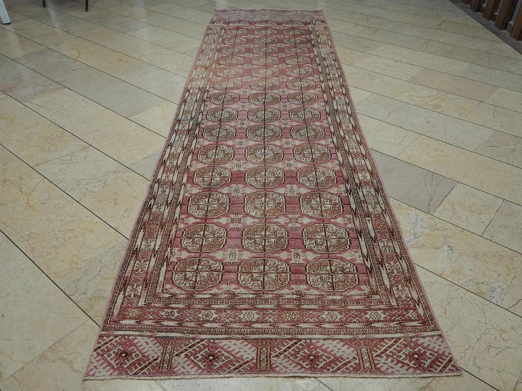 Antique Geometric Oushak Rug Runner: Pale Pink & Brown Wool Carpet 4x13
