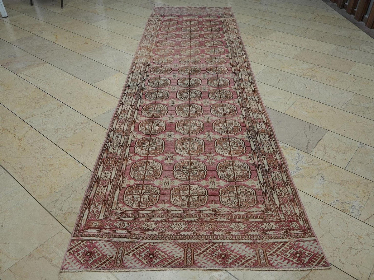 Antique Geometric Oushak Rug Runner: Pale Pink & Brown Wool Carpet 4x13