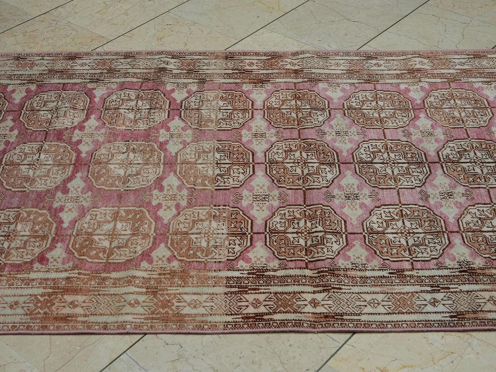 Antique Geometric Oushak Rug Runner: Pale Pink & Brown Wool Carpet 4x13