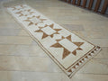 Star Pattern Vintage Wool Turkish Rug Runner: Brown & White Mid-Century Modern Rugs 3,1x12,4 Ft.