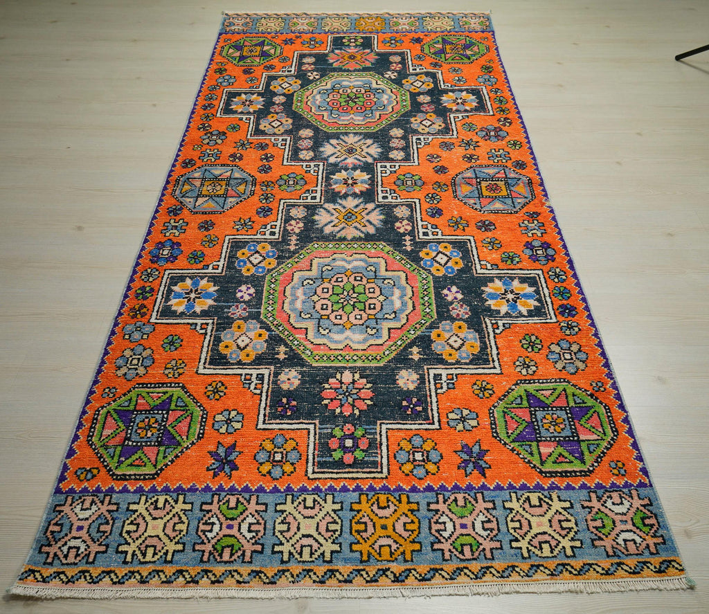 Handmade Turkish Rug Runner: Orange & Blue Tribal Wool Carpet Rugs 4.3x9.3 Feet.