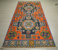 Handmade Turkish Rug Runner: Orange & Blue Tribal Wool Carpet Rugs 4.3x9.3 Feet.