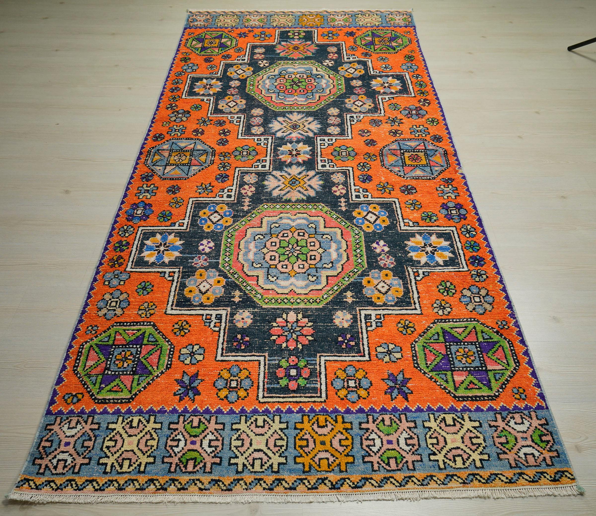 Handmade Turkish Rug Runner: Orange & Blue Tribal Wool Carpet Rugs 4.3x9.3 Feet.