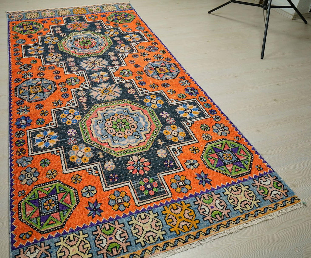 Handmade Turkish Rug Runner: Orange & Blue Tribal Wool Carpet Rugs 4.3x9.3 Feet.