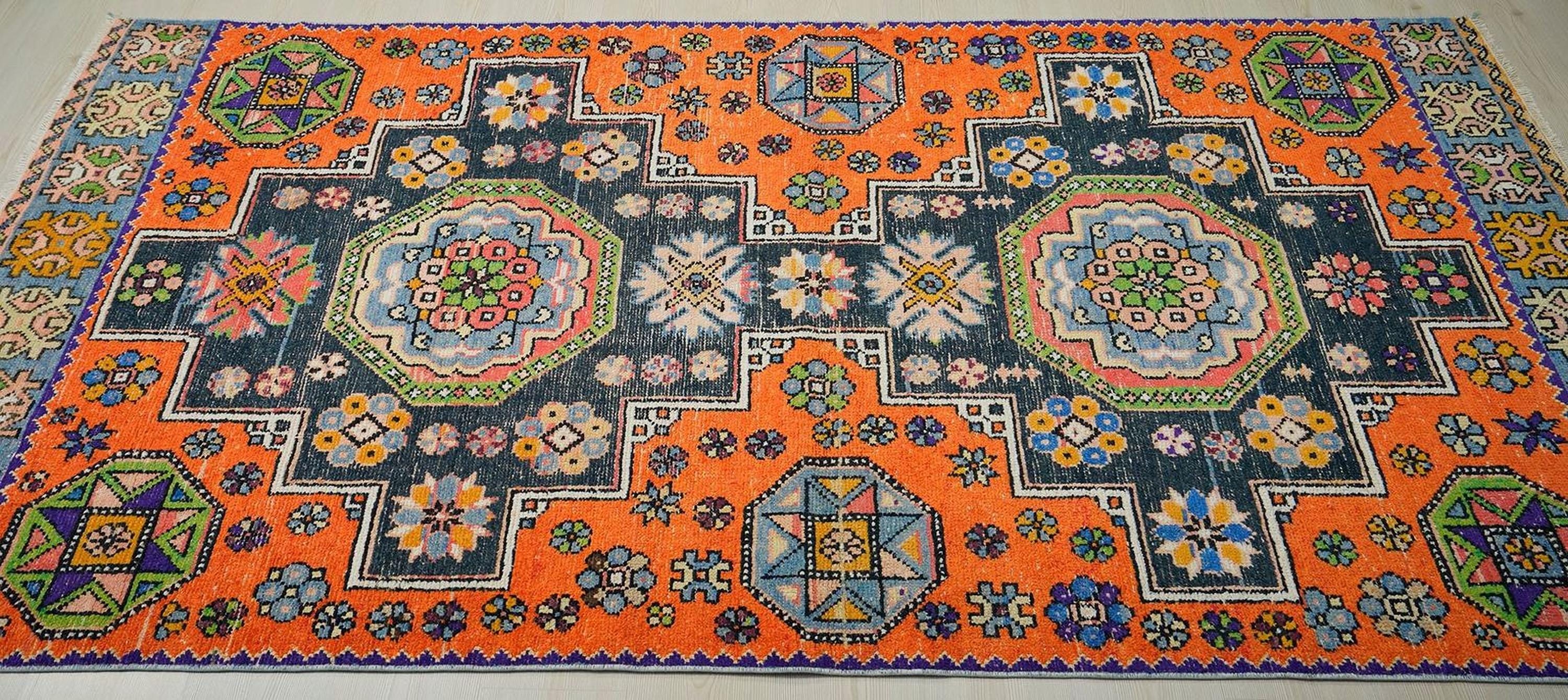 Handmade Turkish Rug Runner: Orange & Blue Tribal Wool Carpet Rugs 4.3x9.3 Feet.