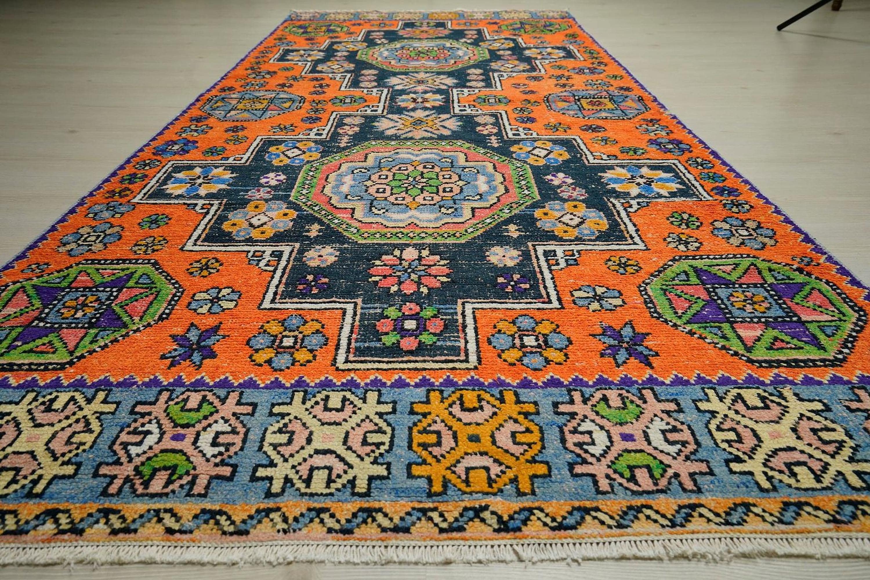 Handmade Turkish Rug Runner: Orange & Blue Tribal Wool Carpet Rugs 4.3x9.3 Feet.