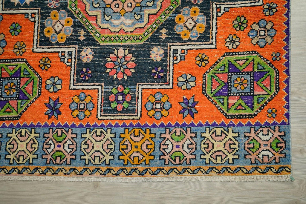 Handmade Turkish Rug Runner: Orange & Blue Tribal Wool Carpet Rugs 4.3x9.3 Feet.