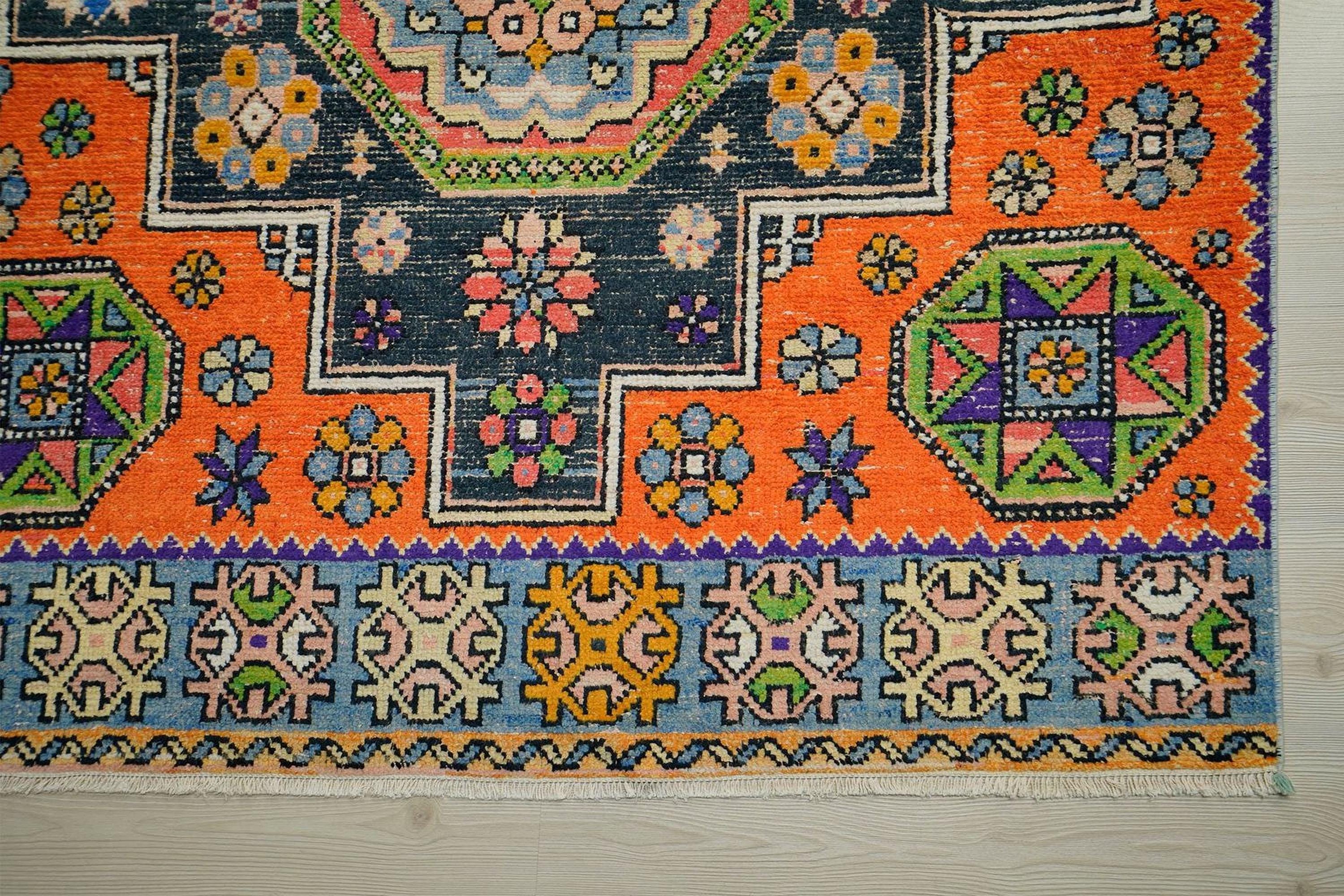 Handmade Turkish Rug Runner: Orange & Blue Tribal Wool Carpet Rugs 4.3x9.3 Feet.