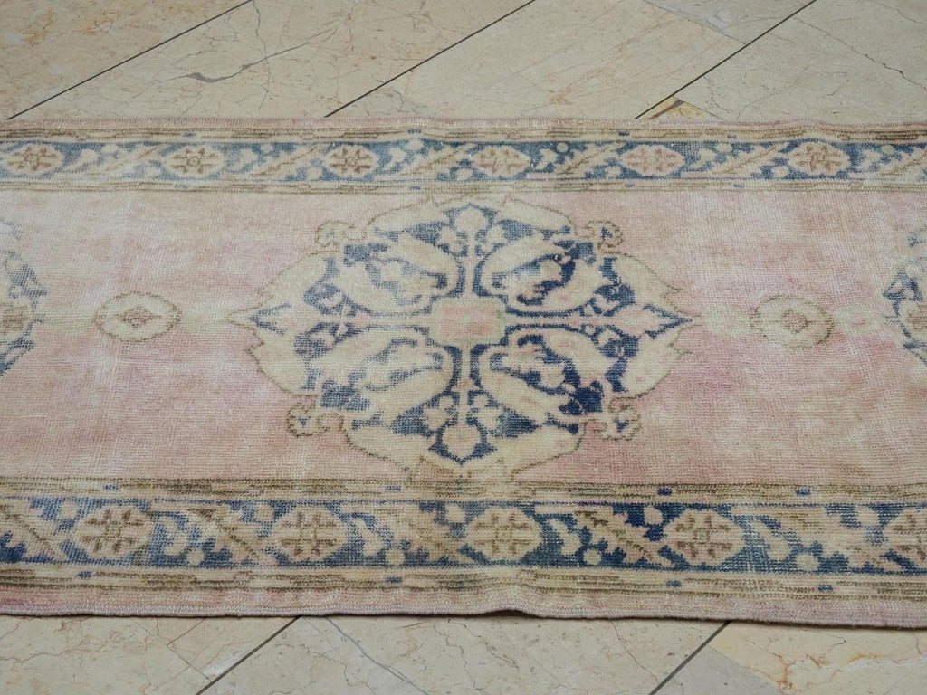 Salmon Pink & Blue Vintage Anatolian Rug Runner: Mid Century Turkish Oushak Rugs 3x11 Ft.