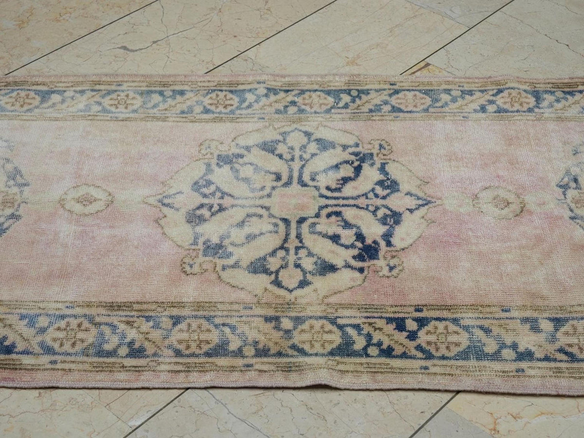 Salmon Pink & Blue Vintage Anatolian Rug Runner: Mid Century Turkish Oushak Rugs 3x11 Ft.