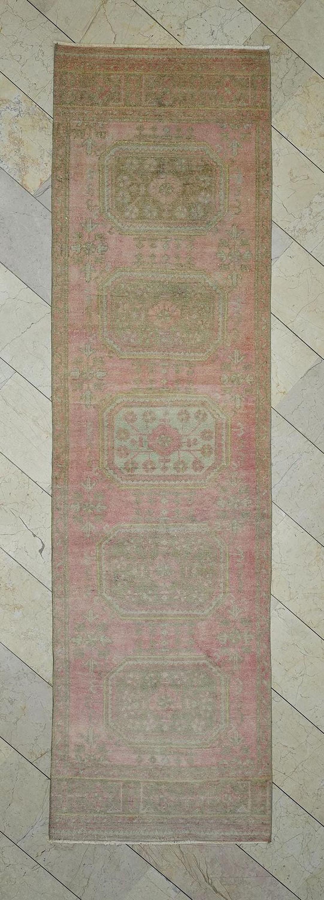 Salmon Pink Vintage Oushak Rug Runner: 3.1x11.2 Feet,Home Kitchen Decor Rugs.
