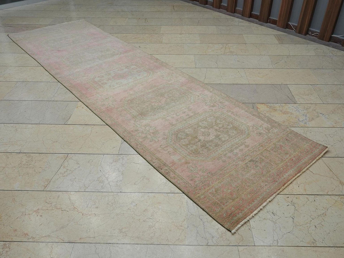 Salmon Pink Vintage Oushak Rug Runner: 3.1x11.2 Feet,Home Kitchen Decor Rugs.