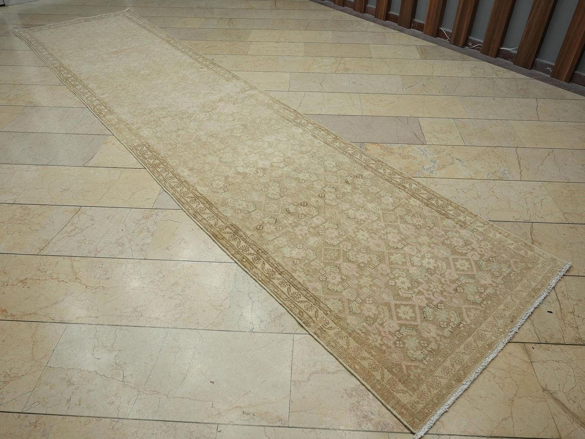 Antique Turkish Wool Rug Runner: Faded Brown & Pink Turkish Carpet