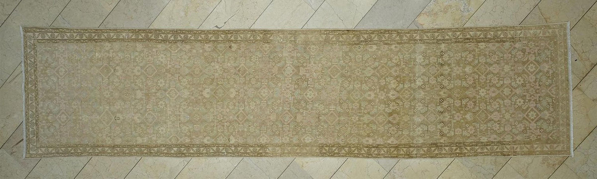 Antique Turkish Wool Rug Runner: Faded Brown & Pink Turkish Carpet