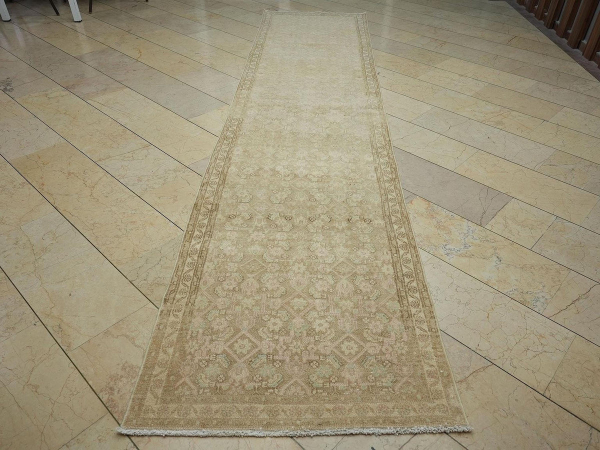 Antique Turkish Wool Rug Runner: Faded Brown & Pink Turkish Carpet