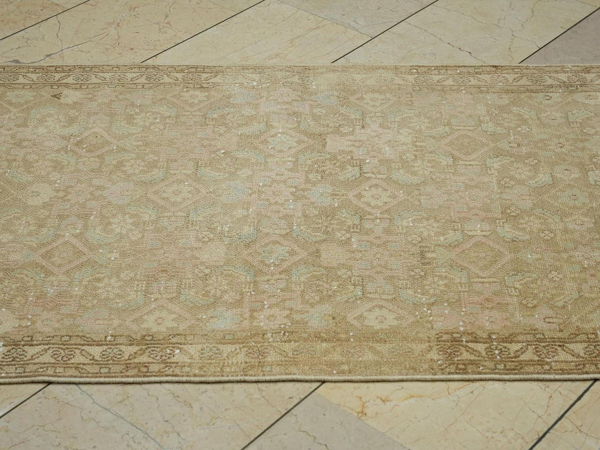 Antique Turkish Wool Rug Runner: Faded Brown & Pink Turkish Carpet