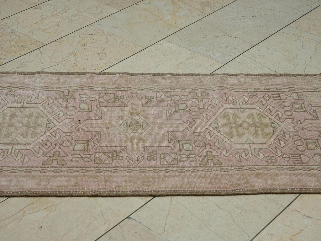 Vintage Turkish Rug Runner: Pale Pink & Brown Wool, 2x11 ft