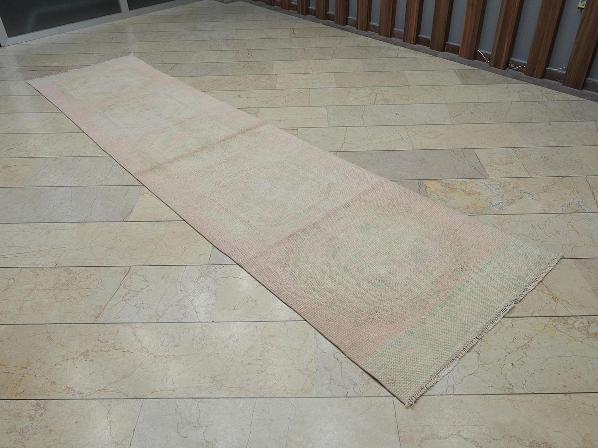 Vintage Low Pile Oushak Rug Runner: 2.9"x11.9" Wool Anatolian Rugs