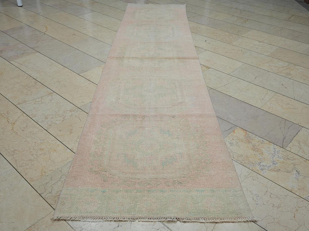 Vintage Low Pile Oushak Rug Runner: 2.9"x11.9" Wool Anatolian Rugs