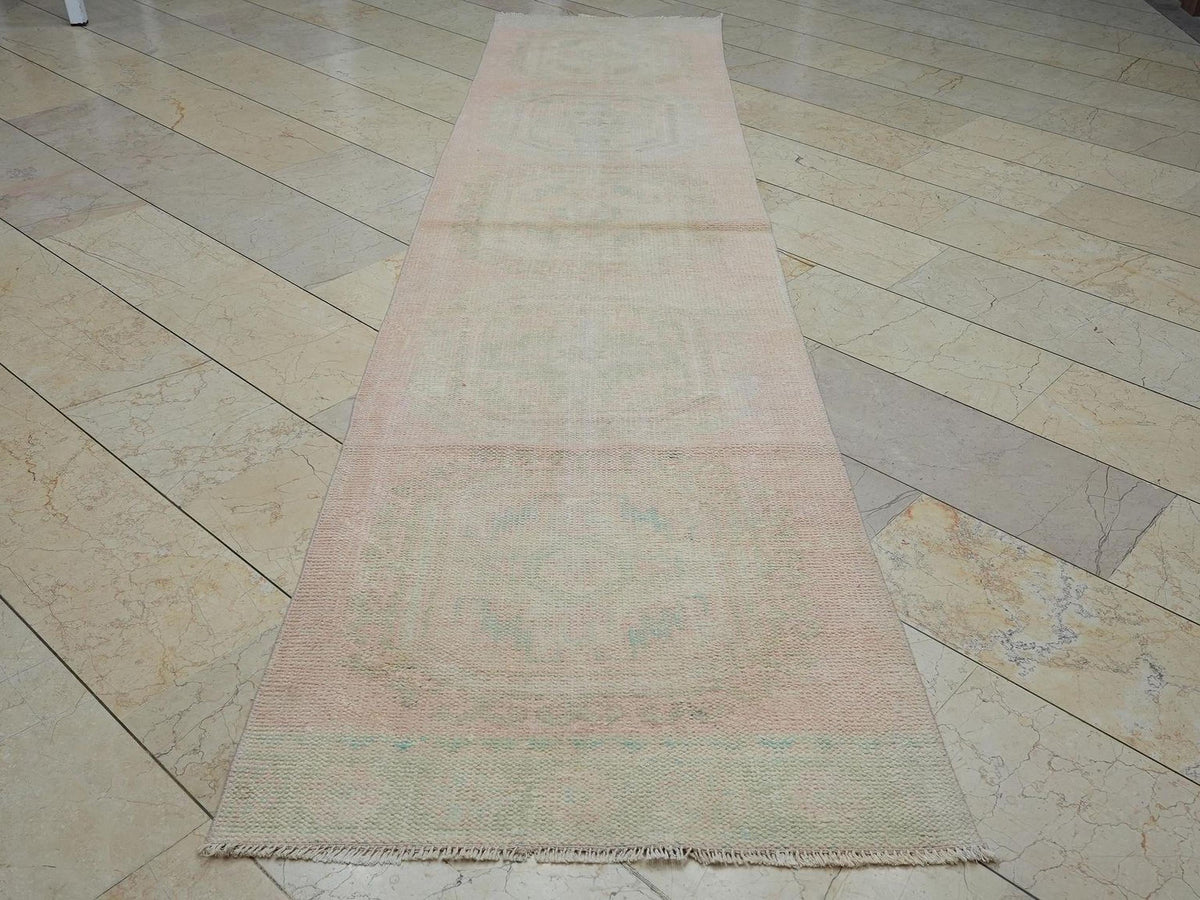 Vintage Low Pile Oushak Rug Runner: 2.9"x11.9" Wool Anatolian Rugs