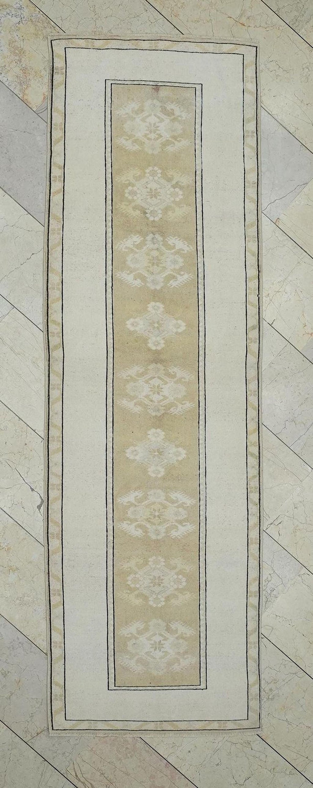 Vintage Oushak Wool Rug Runner: Pastel Mid-Century Turkish Carpet Rugs, 2,7"x8,8" Feet.
