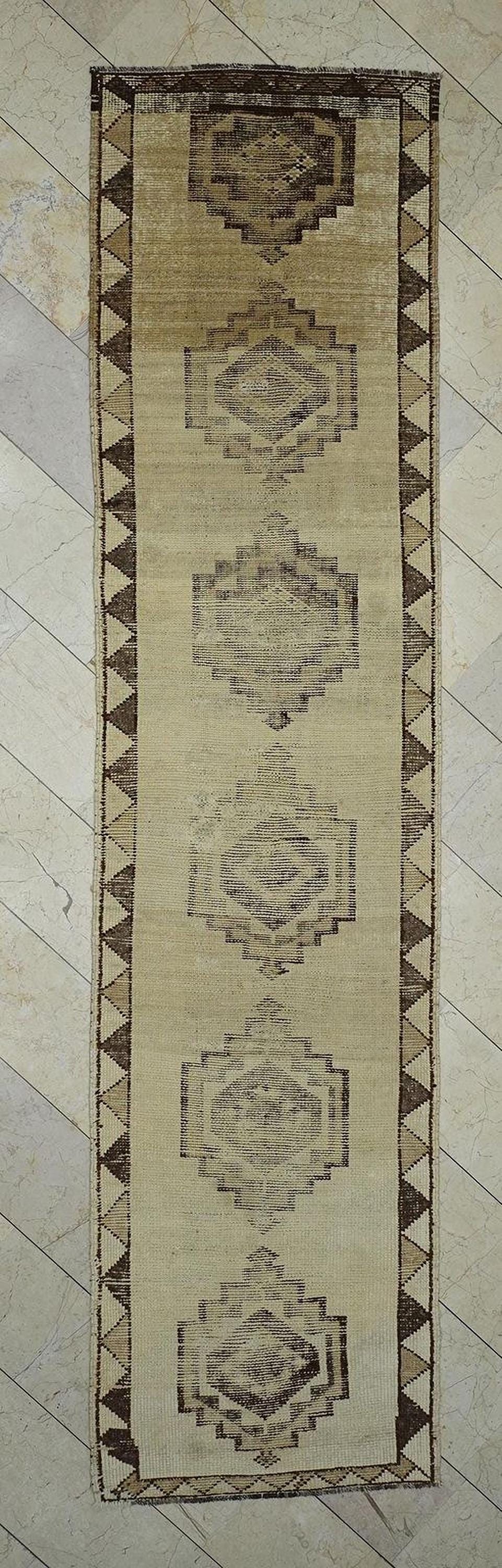 Vintage Turkish Wool Rug Runner: Brown & Cream Bohemian Kitchen Decor Rugs, 3x12.4 ft.