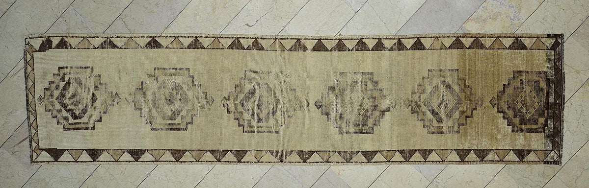 Vintage Turkish Wool Rug Runner: Brown & Cream Bohemian Kitchen Decor Rugs, 3x12.4 ft.
