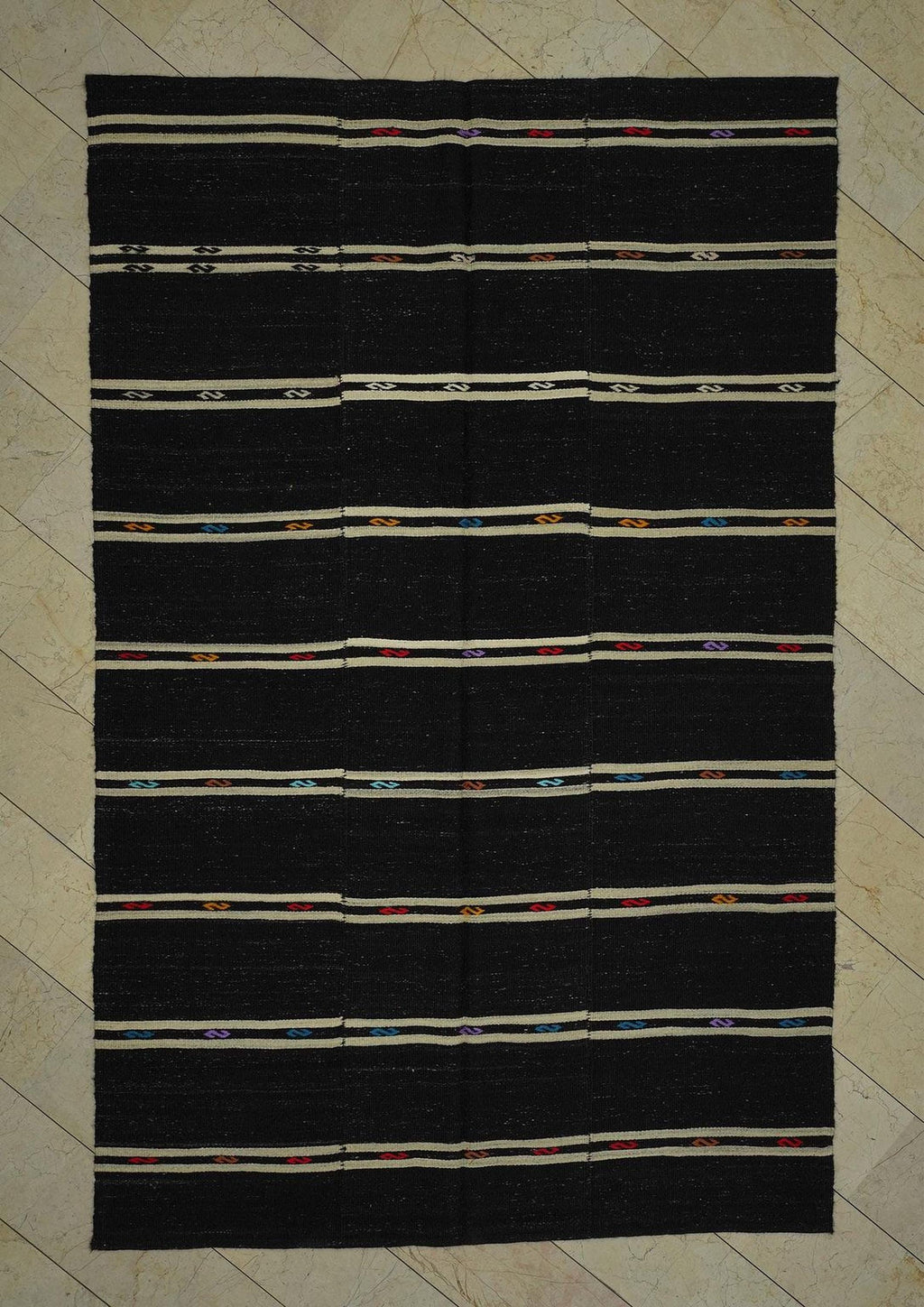 Vintage Goat Hair Kilim Rug: Black and White Stripe, 6.9"x10.6"