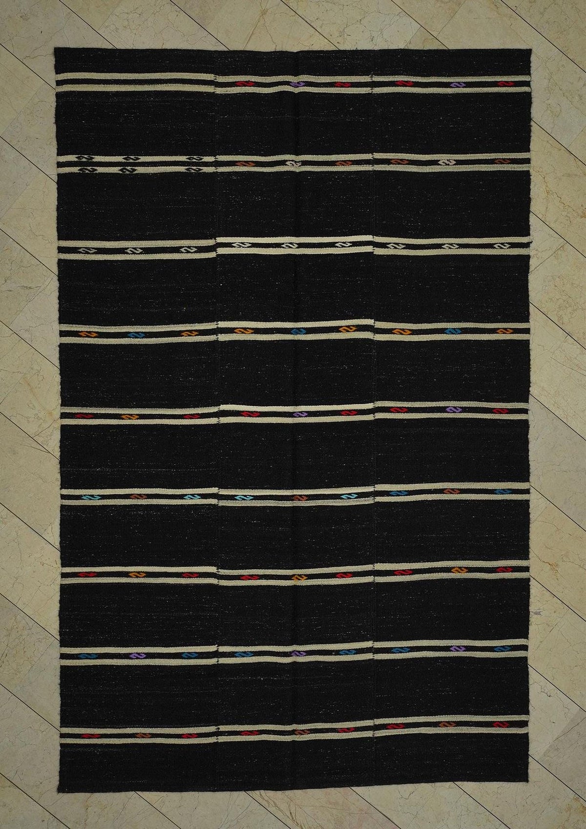 Vintage Goat Hair Kilim Rug: Black and White Stripe, 6.9"x10.6"