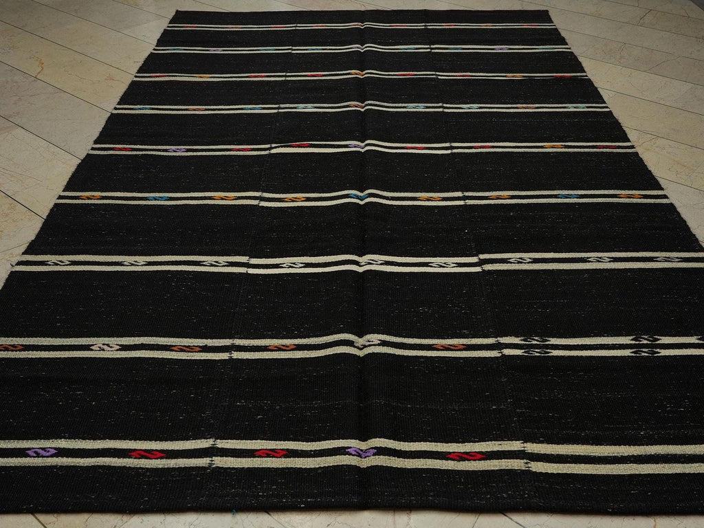 Vintage Goat Hair Kilim Rug: Black and White Stripe, 6.9"x10.6"