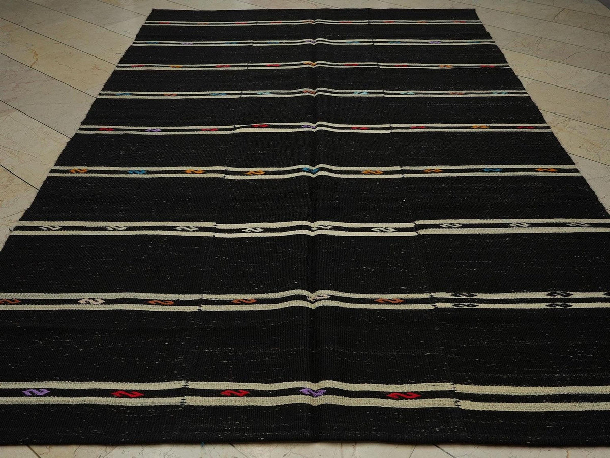 Vintage Goat Hair Kilim Rug: Black and White Stripe, 6.9"x10.6"